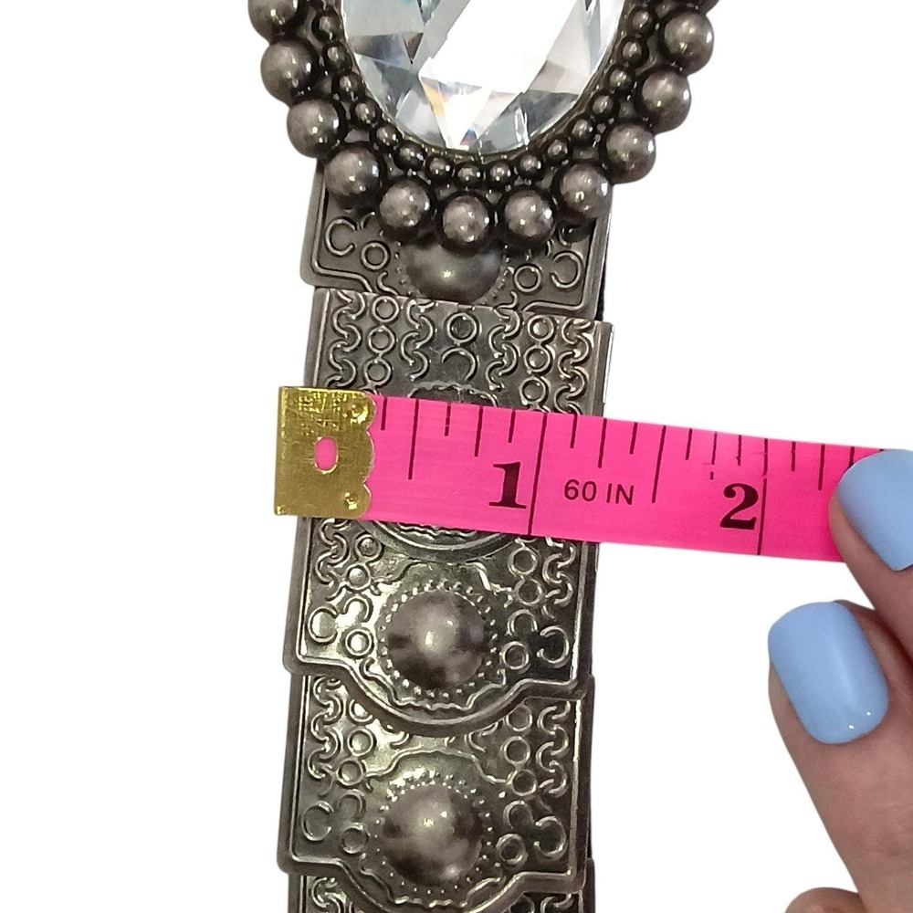 Vintage 80s Silver Tone Concho Stretch Belt Rhinestone Buckle Western Boho Disco - Picture 8 of 8